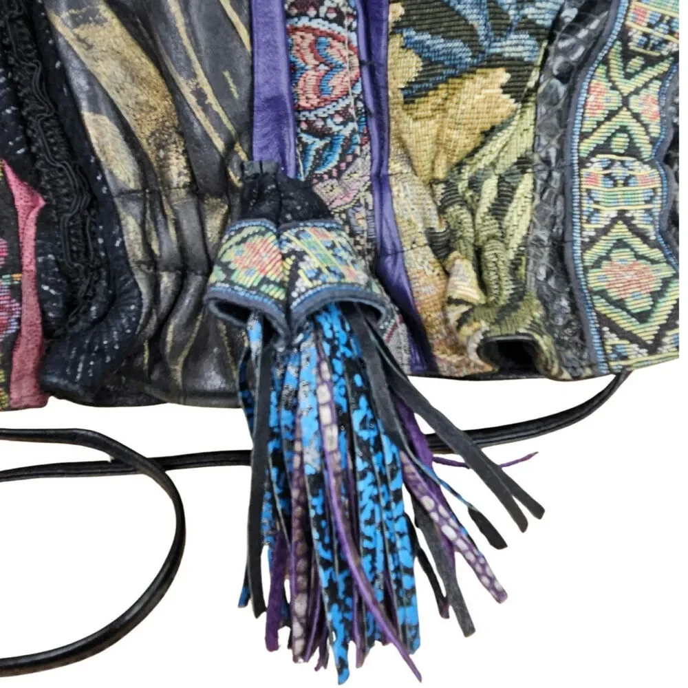 80s Black Leather Patchwork Ruched Reversible Cross Body Clutch Tassle Viva Bag